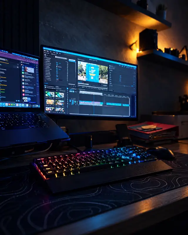 The edit desk at night, a timeline on the monitor and the keyboard lit under a warm shelf light