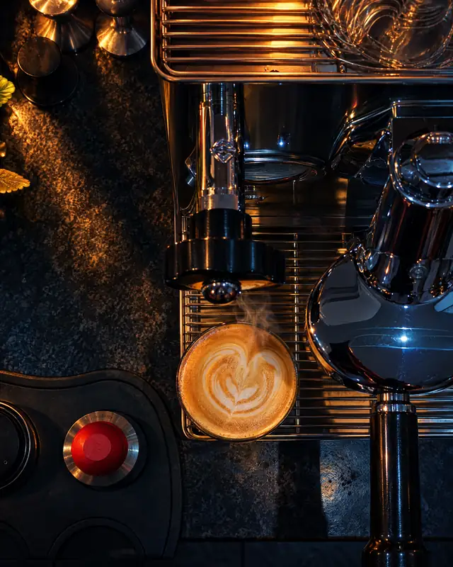 A flat white on the studio espresso machine, shot from above