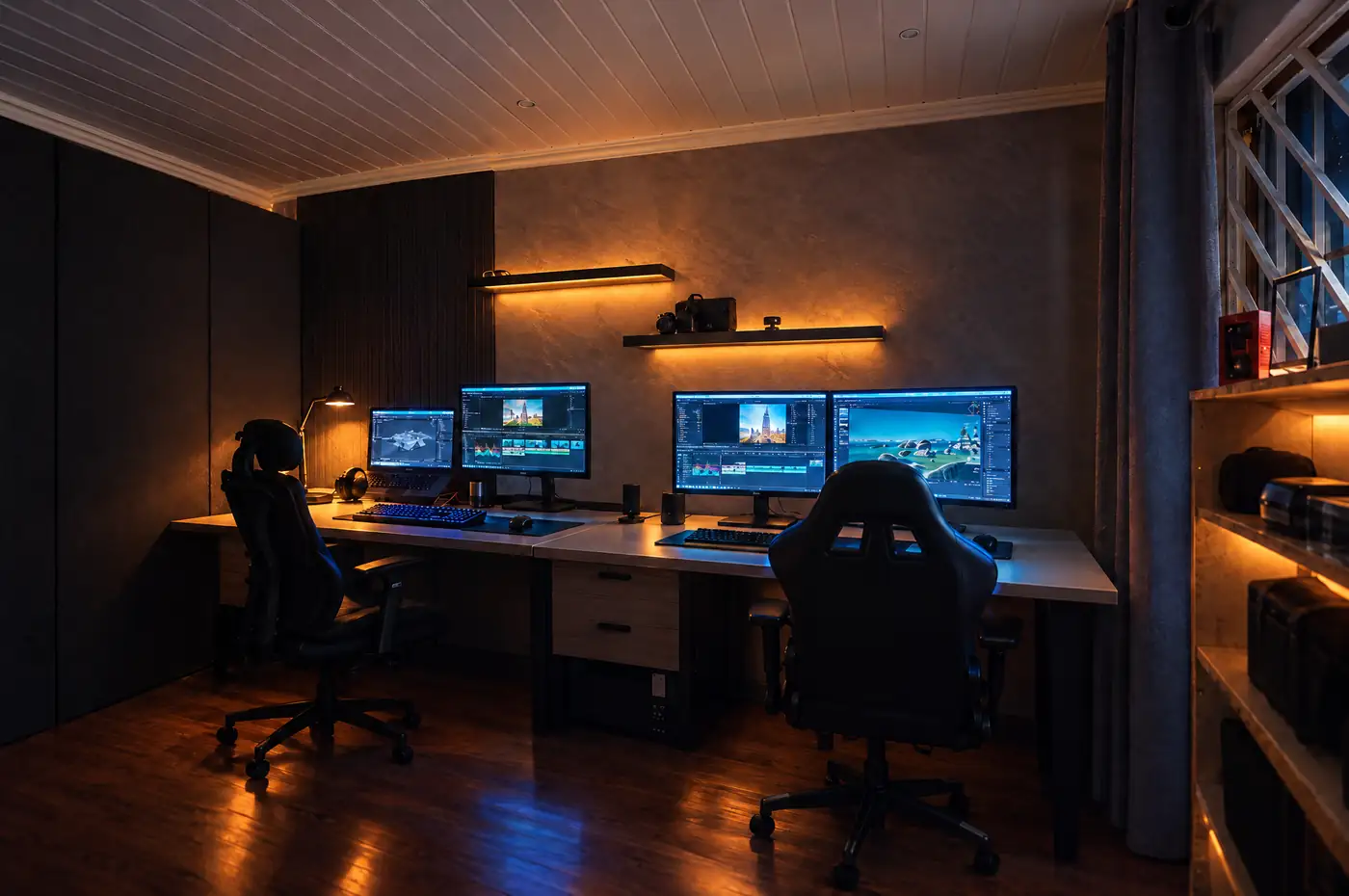 The Talelite studio after dark: two edit workstations under warm shelf lights, monitors showing an edit and a 3D scene